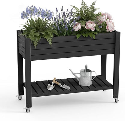 EasyUp 21 Gallon Raised Garden Bed with Legs and Wheels, Raised Planter Box with Drainage Plug and Gauge, Lower Shelf for Tools and Accessories, Dust-Proof Resin for Patio and Backyard(Black)