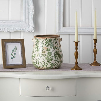 Nearly Natural 10in Ceramic Decorative Vase, Tuscan Style Green Scroll Design for Indoor Home Shelf Table Decor