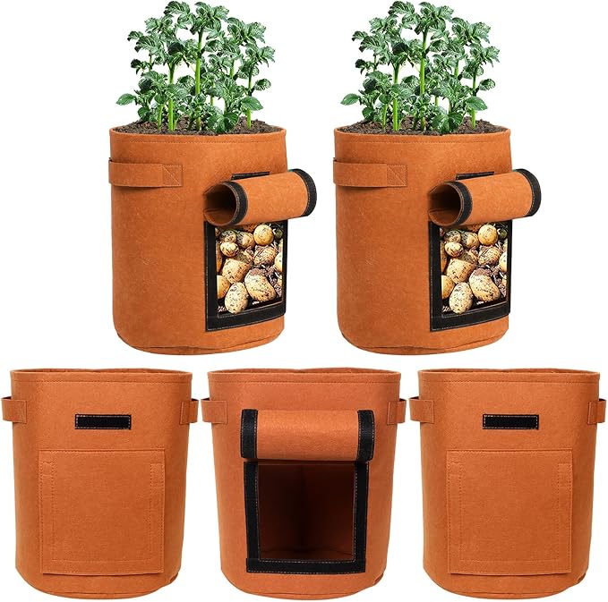 5-Pack 10 Gallon Grow Bags with Harvest Window Thickened 300g Nonwoven Fabric Heavy Duty Plant Pots for Vegetables Potato Tomatoes Carrots Gardening Containers with Reinforced Handles Orange