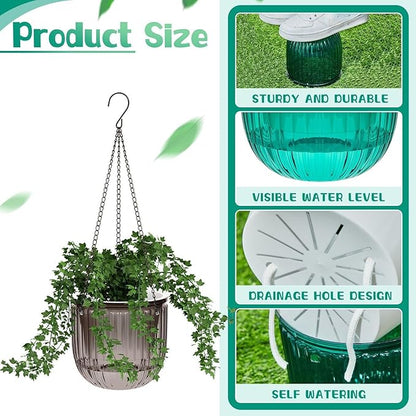 Meanplan 4 Pcs Self Watering Hanging Planter Indoor 6.5 Inch Hanging Baskets for Plants Outdoor Plastic Flower Pot with 3 Hooks Chains Drainage Holes for Garden Home, Medium Size(Emerald, Gray)
