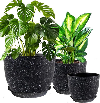 10/9/8 inch Plant Pots, 3 Pack Plastic Flower Pots Modern Flower Pots with Drainage Holes and Trays are for Indoor and Outdoor Plants, Herbs and Flowers,Black Speckles
