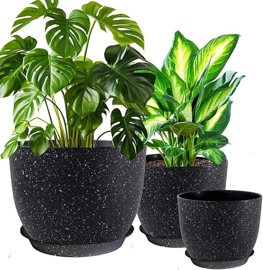 10/9/8 inch Plant Pots, 3 Pack Plastic Flower Pots Modern Flower Pots with Drainage Holes and Trays are for Indoor and Outdoor Plants, Herbs and Flowers,Black Speckles