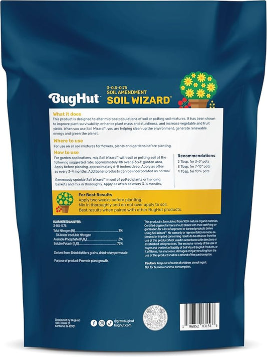BugHut Soil Wizard Organic Soil Amendment – All Purpose Plant Food for Houseplants, Vegetables, Flowers, and Herbs - Chemical-Free Nutrient Source for Indoor & Outdoor Gardens - 8 lbs.