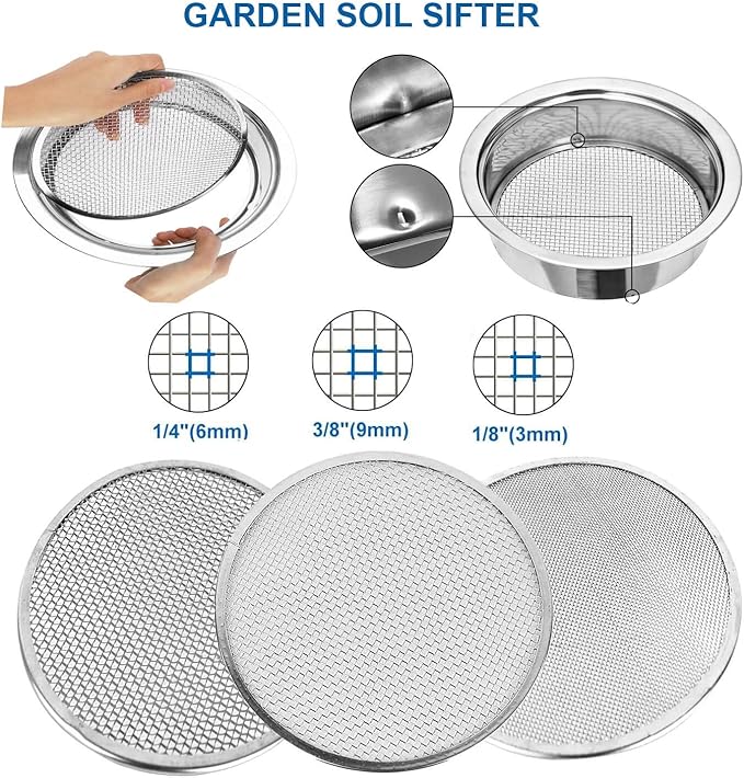 Soil Sifter for Gardening Stainless Steel With1/8in, 1/4in, 3/8in Sieve Mesh,Rock Sifter Garden Sieve for Rocks,Dirt Sifter for 3 Gallon Bucket Strainer Filter Compost Bonsai Pellet