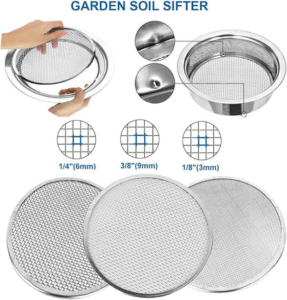 Soil Sifter for Gardening Stainless Steel With1/8in, 1/4in, 3/8in Sieve Mesh,Rock Sifter Garden Sieve for Rocks,Dirt Sifter for 3 Gallon Bucket Strainer Filter Compost Bonsai Pellet