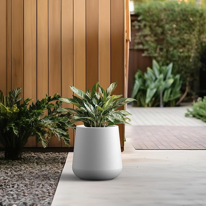 Kante 9.8-Inch Dia Round Concrete Garden Pot with Drainage Hole & Rubber Plug - Indoor/Outdoor Lagre Plant Pot for Home, Garden, Patio, White