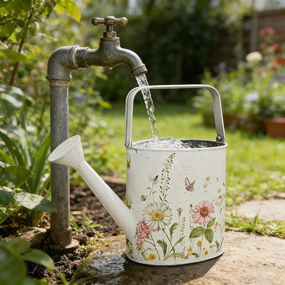 Vintage Floral Metal Watering Can for Indoor/Outdoor Plants, White Functional Garden Waterer with Long Spout, Garden Water Pot Rustic Decor for Home Garden Patio