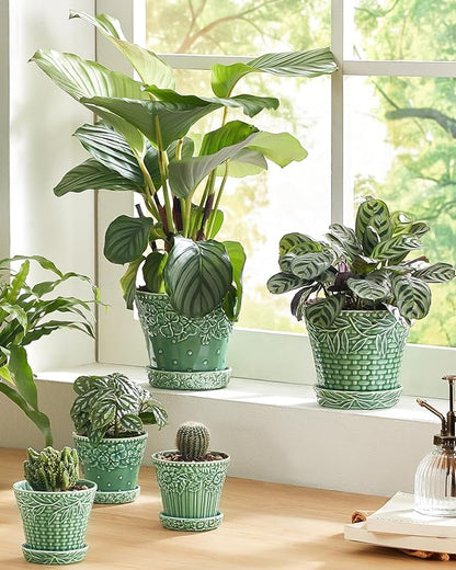 Ceramic Plant Pots, 5.8 Inch Flower Pots for Indoor Plants, Planters with Drainage Hole & Saucer, Green Planters for Succulent, Orchid, Cactus, Home Decor, Set of 4, Green