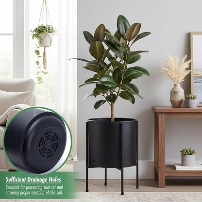D'vine Dev 10 Inch Black Planter Pot with Stand – Modern Plastic Cylinder Flower Pot with Heavy-Duty Metal Stand for Indoor Plants, 55-D-B-2