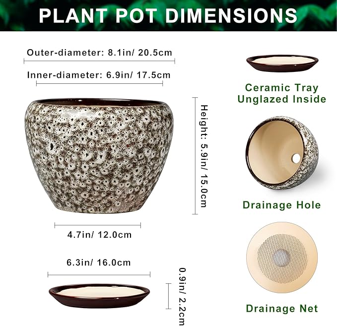 Ceramic Plant Pots - 8 Inch Planters for Indoor Outdoor Plants, Decorative Pots for Plants with Drainage Hole and Saucer, Modern Flower Pot, Room Decor, Plant Lover Gifts, White Leopard