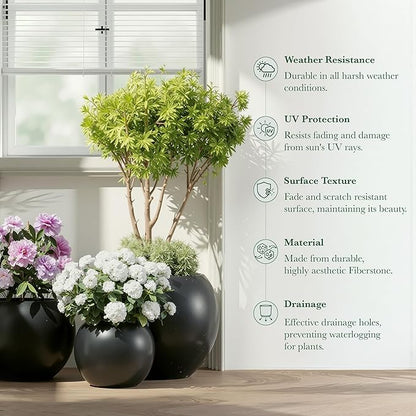 DTY Mount Sherman 16.1'' D x 13.6'' H (Pot Opening 11.8") Fiberstone Round Planter with Drainage Hole, Smooth Finishes, Weather Resistant for Indoor and Outdoor, 2 Extra Coco Mats - Black, Medium