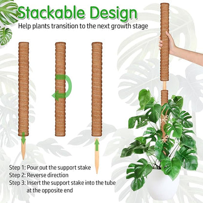 4 Pack 21.7" Coco Coir Poles, Stackable Plant Stakes Moss Pole for Plant Monstera with Twist Ties Plant Ties Labels Jute Rope, Plant Sticks Support for Climbing Plants Growth Indoor