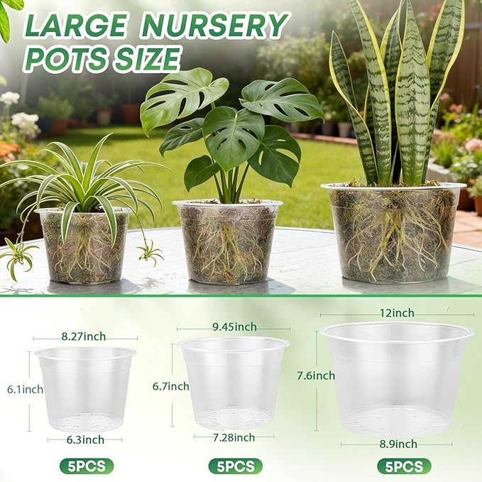 15 Pack 8/10/12 Inch Large Clear Nursery Pots with Drainage Hole, Plastic Plant Pots for Seedling Flower Vegetable, Indoor Outdoor Gardening, Used as Liner Inside Decorative Pot (8 10 12 inch)
