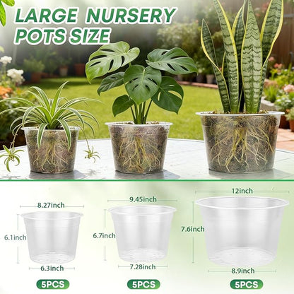 15 Pack 8/10/12 Inch Large Clear Nursery Pots with Drainage Hole, Plastic Plant Pots for Seedling Flower Vegetable, Indoor Outdoor Gardening, Used as Liner Inside Decorative Pot (8 10 12 inch)