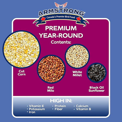Armstrong Wild Bird Food Premium Year-Round Blend, 5 Pound Jug - with Cut Corn, Red Milo, White Millet & Black Oil Sunflower Seeds - Easy to Carry, Pour & Store