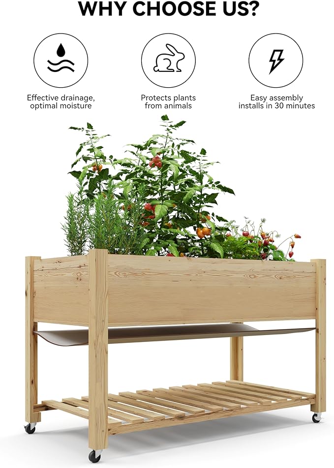 48x24x30in Raised Garden Bed with Wheels,Elevated Raised Planter Box Outdoor for Growing Vegetables and Herbs,Sturdy Wooden Raised Table Garden Bed with Legs-Enhanced Depth,Natural