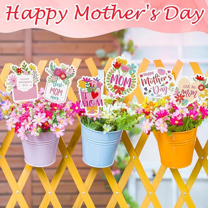 Weysat 6 Pcs Mother's Day Plant Stakes Flower Pots Signs Metal Garden Stakes Outdoor Decorative I Love You Mom Heart Flowers for Home Outdoor Lawn Decor Mothers Day Party Supplies