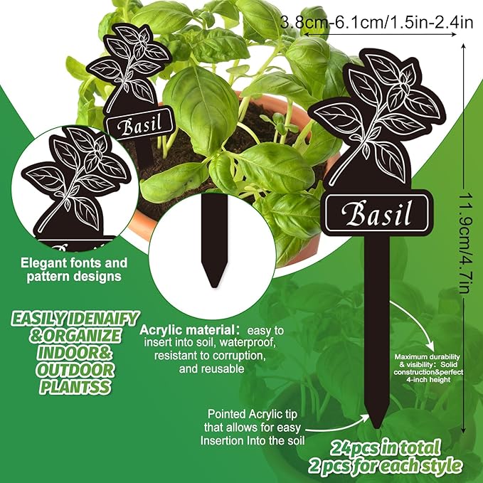 Whaline 24Pcs Herb Plant Label Signs 12 Styles Garden Herb Markers Waterproof Black Acrylic Plant Stake Tags with Names for Nursery Indoor Outdoor Garden Decor