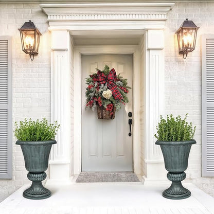 Magshion 20" Urn Planters for Outdoor Plants, Large Decorative Front Porch Planters Set of 2, Weatherproof Tall Plastic Flower Pots for Garden, Patio & Entryway Décor, Antique Green
