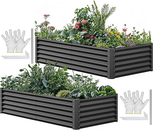 YITAHOME 72x36x18 in 2pcs Galvanized Raised Garden Bed Kit, Large Metal Planter Box with Gloves & Support Rod, Outdoor Flower Bed for Plants Vegetables, Black