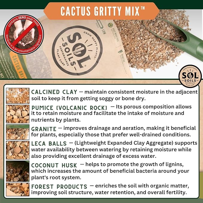 Sol Soils Gritty Cactus Soil Potting Mix - Fast Draining and Peat Moss Free with Coconut Husk Chips, Granite, Calcined Clay & Pumice for Indoor and Outdoor Plants - 1 Quart