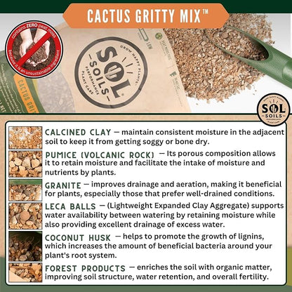 Sol Soils Gritty Cactus Soil Potting Mix - Fast Draining and Peat Moss Free with Coconut Husk Chips, Granite, Calcined Clay & Pumice for Indoor and Outdoor Plants - 1 Gallon