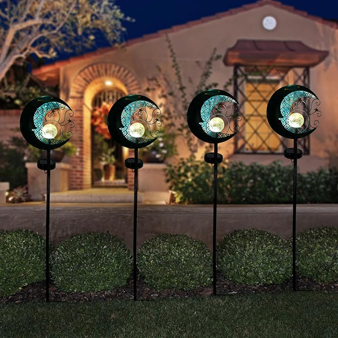 Solar Garden Lights Outdoor Waterproof Pathway Lights Moon Lantern with Crackle Glass Glass Globe Led Warm Light for Walkway,Backyard,Patio,Lawn,Pathway Decoration（Blue）