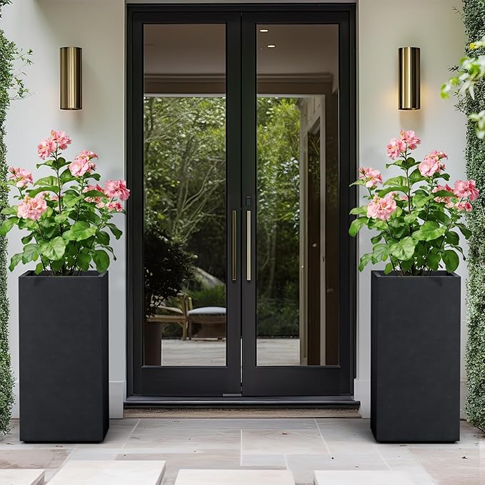 Kante 27.6" H Tall Rectangular Concrete Planter, Modern Square Diameter Plant Pot with Drainage Hole and Rubber Plug for Indoor Outdoor Home Patio Garden, Black