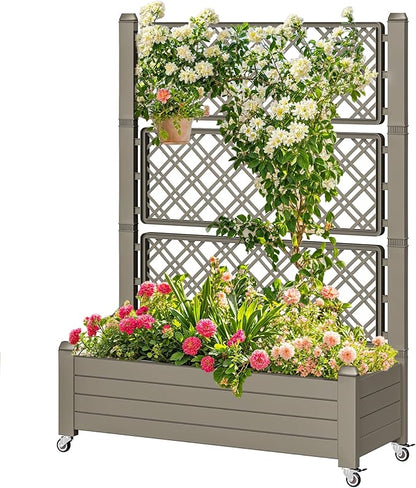 DWVO 3.6 x 1.5 x 5 FT Raised Garden Bed with Trellis, Large Outdoor Planter Trellis Box with Drainage Holes and Wheels for Climbing Plants, Light Brown