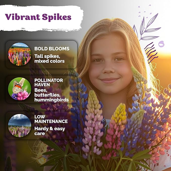 KVITER 250 Mix Russell Lupine Seeds Perennial (Lupinus polyphyllus) - Heirloom & Non GMO Lupine Seed Packets, Pollinator Friendly Wildflowers Mix - Flower Seeds for Planting in Garden, Beds & Meadows