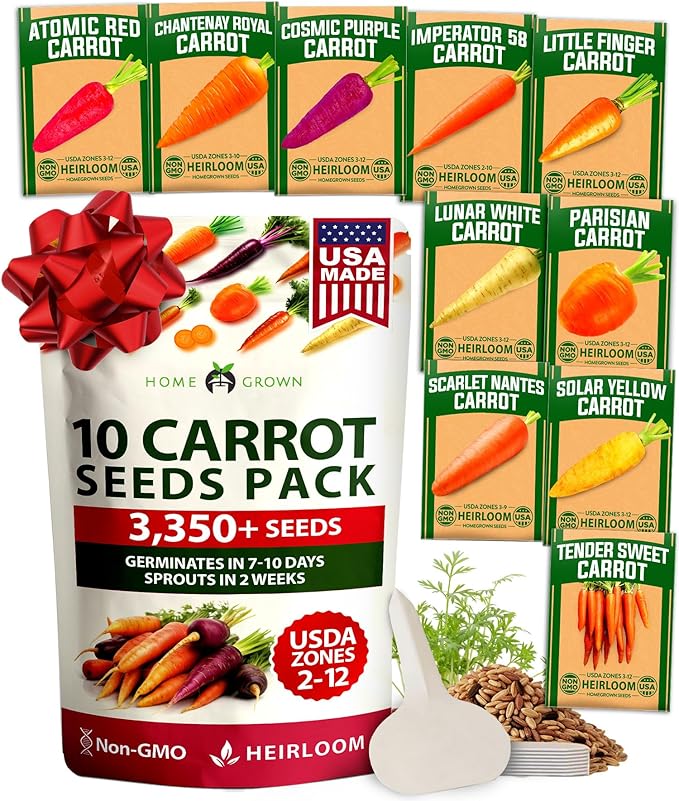 HOME GROWN Rainbow Carrot Seeds 3,350+ Heirloom Seeds (10 Varieties) – High Germination, Vegetable Seeds for Planting Indoors or Outdoor Home Garden