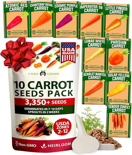 HOME GROWN Rainbow Carrot Seeds 3,350+ Heirloom Seeds (10 Varieties) – High Germination, Vegetable Seeds for Planting Indoors or Outdoor Home Garden
