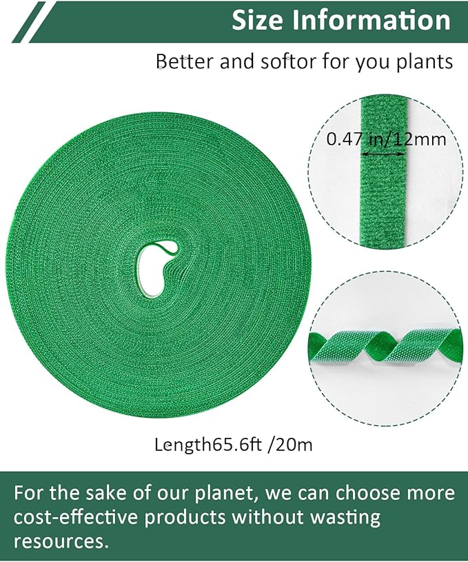 65.6 Ft Plant Ties Garden Tape, Reusable Adjustable Plant Clips for Climbing Plants, Green Nylon Self Adhesive Plant Twist Tie Strap to Support Gardening Plants