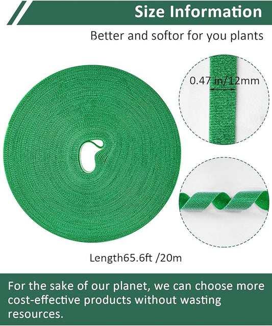 65.6 Ft Plant Ties Garden Tape, Reusable Adjustable Plant Clips for Climbing Plants, Green Nylon Self Adhesive Plant Twist Tie Strap to Support Gardening Plants