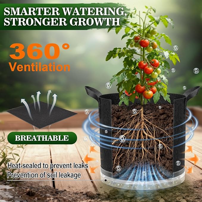 5 Pack 5 Gallon Self-Watering Grow Bags, Thick Nonwoven Fabric Pots with Support Rings and Reinforced Handles, Self-Watering Planters with Bottom Reservoir for Tomatoes Peppers Potatoes and Vegetables
