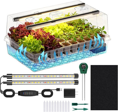 Self-Watering Seed Starter Tray with Grow Lights, 60 Cells Seed Starter Kit, Full Spectrum Grow Light for Seed Starting, Timing Set, Germination Tray Grow Kits with High Humidity Domes