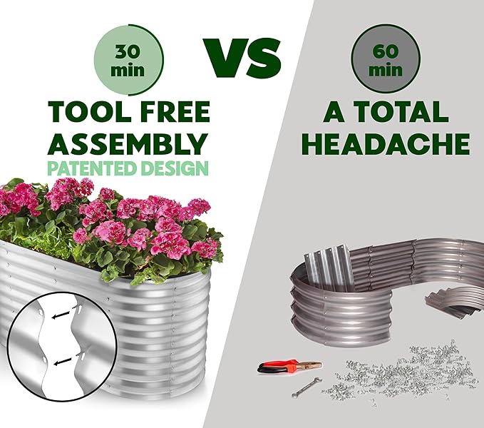 Plant & Plot Galvanized Raised Garden Beds Outdoor // 4×2×2 ft Planter Raised Beds for Gardening, Vegetables, Flowers // Large Metal Garden Box (Silver) // Patented Tool-Free Design