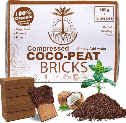 Compressed Coco Coir Bricks – 100% Organic, 650g x 6 Bricks – Expands to 8L Each, Eco-Friendly, Biodegradable, No Chemicals – Ideal for Vegetables, Fruits, Flowers, Seedlings