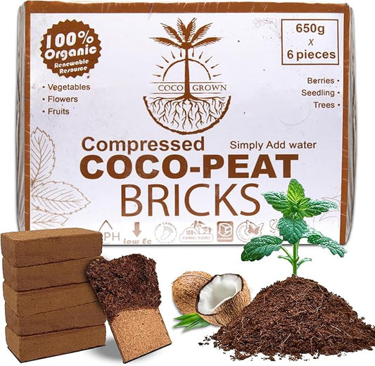 Compressed Coco Coir Bricks – 100% Organic, 650g x 6 Bricks – Expands to 8L Each, Eco-Friendly, Biodegradable, No Chemicals – Ideal for Vegetables, Fruits, Flowers, Seedlings