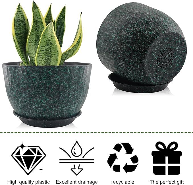 12/10/9 inch Plant Pots, 3 Pack Flower Pots for Outdoor Indoor Garden Plants, Large Planters with Multi Mesh Drainage Holes and Saucer (Black with Green Speckles, 12"+10"+9")