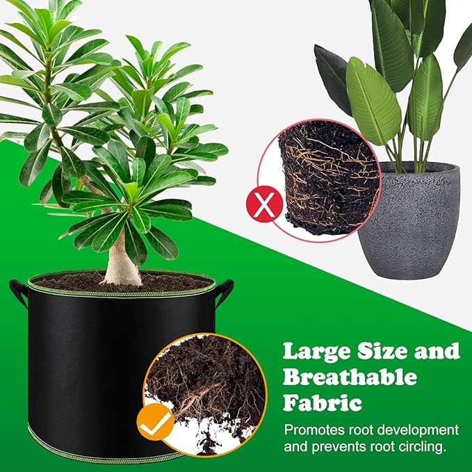 FEPITO 5 Pack 10 Gallon Grow Bags Heavy Duty Aeration Fabric Pots Plant Grow Bags with Handles Thickened Nonwoven Fabric Pots for Vegetable Fruits Flowers Plant