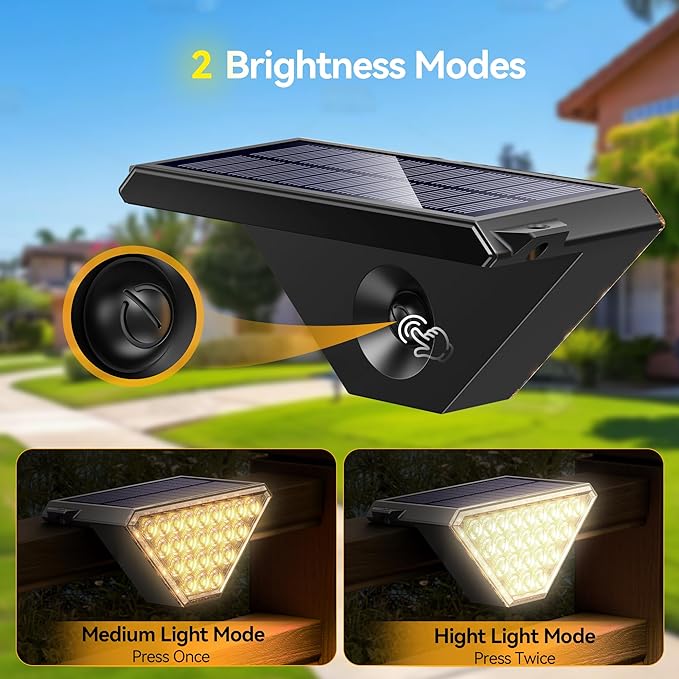 TECKNET Solar Step Lights for Outside, 2 Adjustable Brightness, 2 Mounting Methods, 24 LEDs Solar Stair Lights Outdoor, IP67 Waterproof Deck Light for Yard, Porch, Front Door, Patio, Garden （3000K）