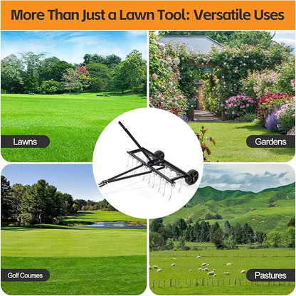 Tow Behind Dethatcher: 40inch Pull Behind Lawn Rake with 20 Spring Steel Tines Heavy Duty Lawn Tractor Attachments for Large Yard Garden Care