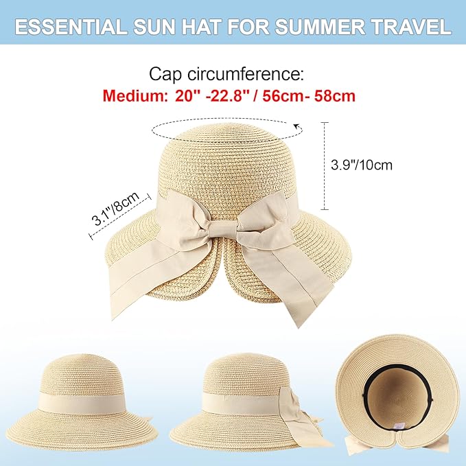 DRESHOW Sun Hats for Women Travel Fedora Foldable Beach Sun Hat Summer Wide Brim Straw Bucket Hat with Bowknot UPF 50+
