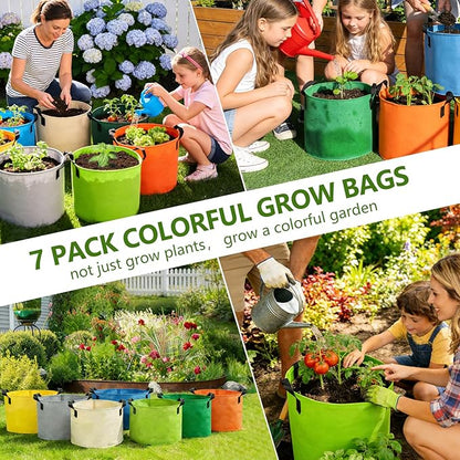 Grow Bags, 7 Pack Colorful 5 Gallon Grow Bags, Reusable Fabric Grow Bags, Foldable & Washable for Vegetables, Tomato Pots, Garden & Outdoor Growing