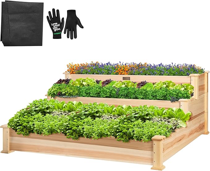 VIVOSUN 3-Tier Wooden Raised Garden Bed, 48 x 48 x 21 Inches, Outdoor Wood Planter Kit for Plants, Herbs, and Vegetables for Garden, Patio, Balcony, Backyard and Outdoors