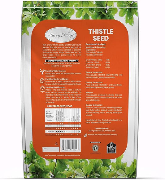 Happy Wings Nyjer Thistle Seeds for Wild Birds 15 lbs No Grow Premium Bird Seed Attracts Finches, Goldfinches, Ideal for Year-Round Feeding High in Protein and Energy.