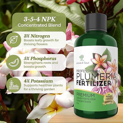Leaves and Soul Plumeria Professional Liquid Fertilizer - Complete 3-5-4 Nutrient Blend Concentrate for Enhanced Blooming & Growth - Perfect for Garden & Indoor Plants, Easy Application - 8 oz