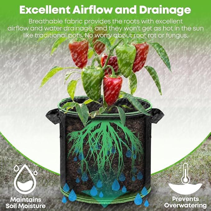 5-Pack 3 Gallon Grow Bags Heavy Duty Container Thickened Nonwoven Fabric Plant Pots with Handles