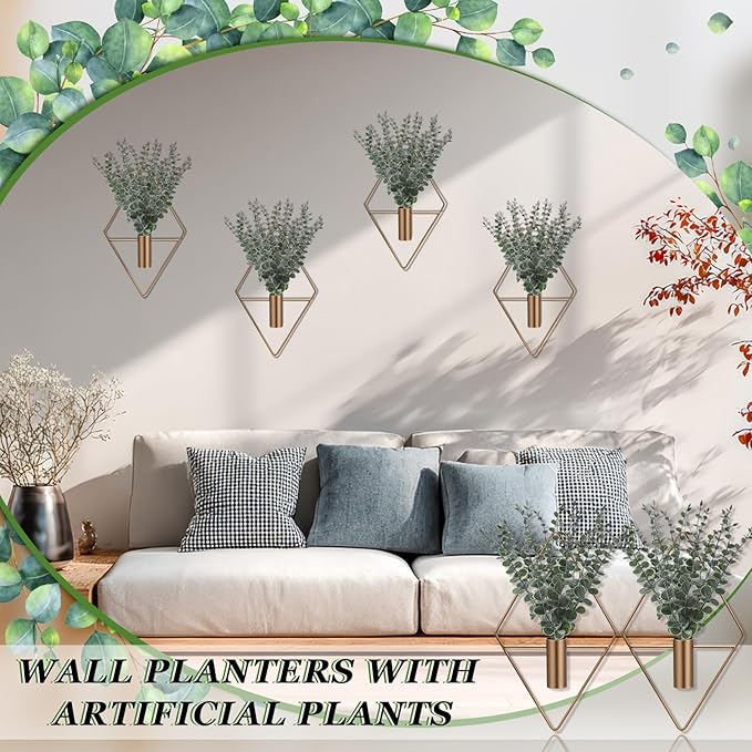 Jexine 4 Pcs Hanging Planters with Artificial Eucalyptus Metal Hanging Vase Indoor Plants Holder Modern Geometric Boho Bathroom Wall Decor for Living Room Home Office (Eucalyptus,Bronze)